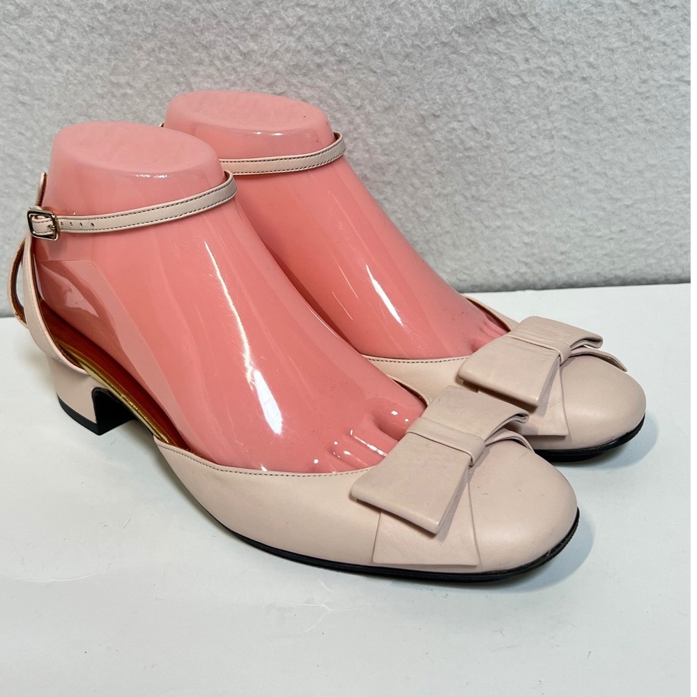 Michel Vivien Paris Blush Pink Leather Bow Ankle Strap Block Heel Pumps Size 37